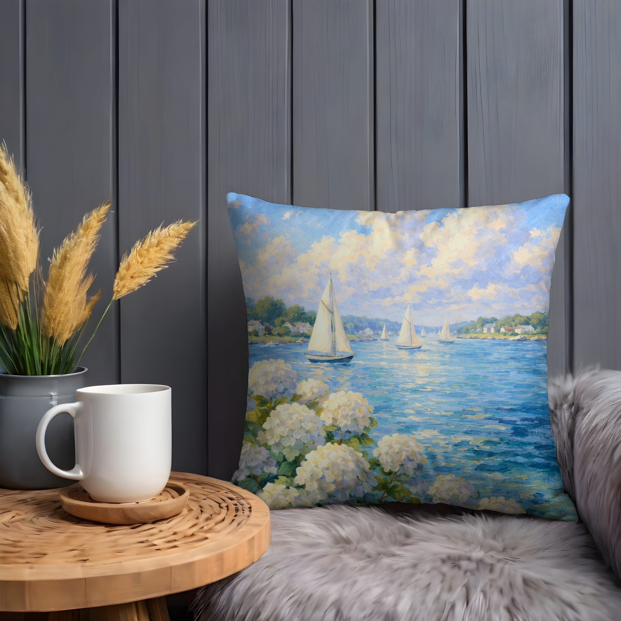 Coastal Sailboat Pillow Case | White Hydrangea Nautical Throw Pillow Cover | Beach Decor