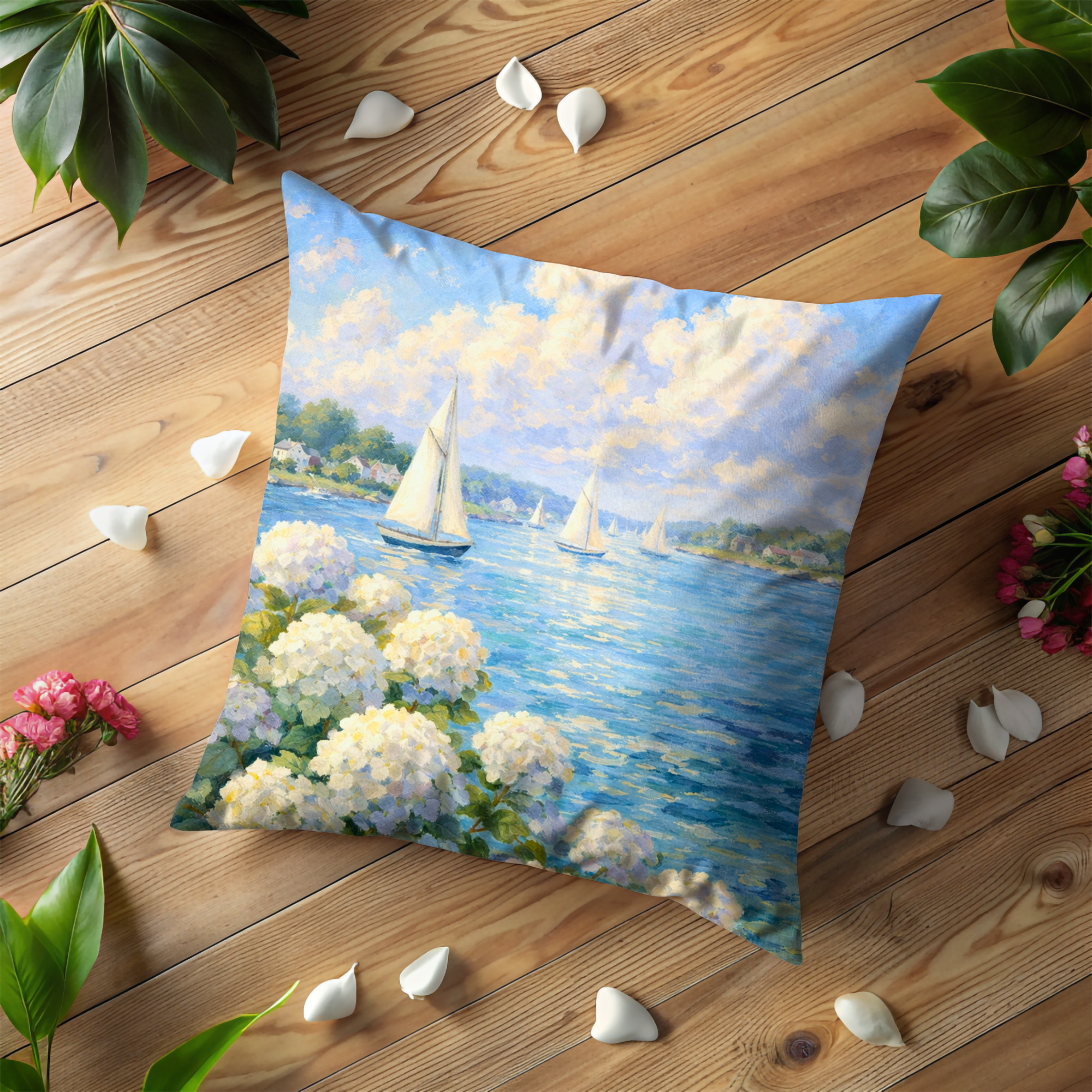 Coastal Sailboat Pillow Case | White Hydrangea Nautical Throw Pillow Cover | Beach Decor