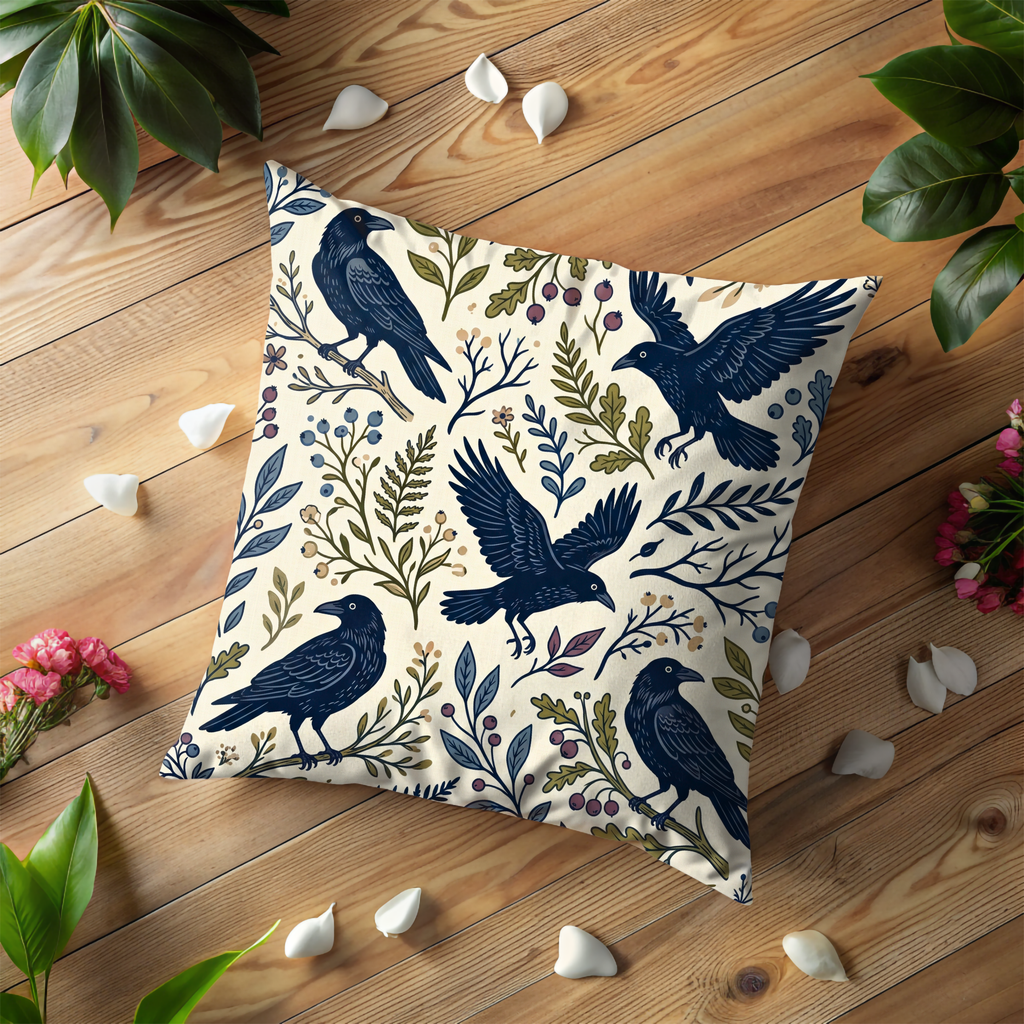 Raven Folk Art Pillow Case | Dark Blue Crow Throw Pillow Cover | Woodland Decor