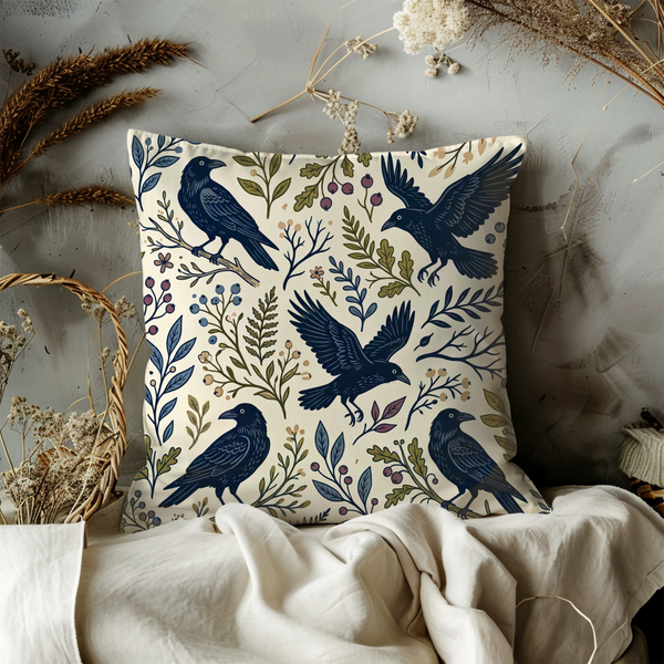 Raven Folk Art Pillow Cover – Dark Blue Crow  Cover | Woodland Decor