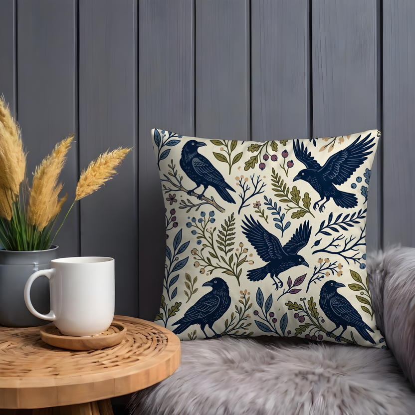 Raven Folk Art Pillow Cover – Dark Blue Crow  Cover | Woodland Decor