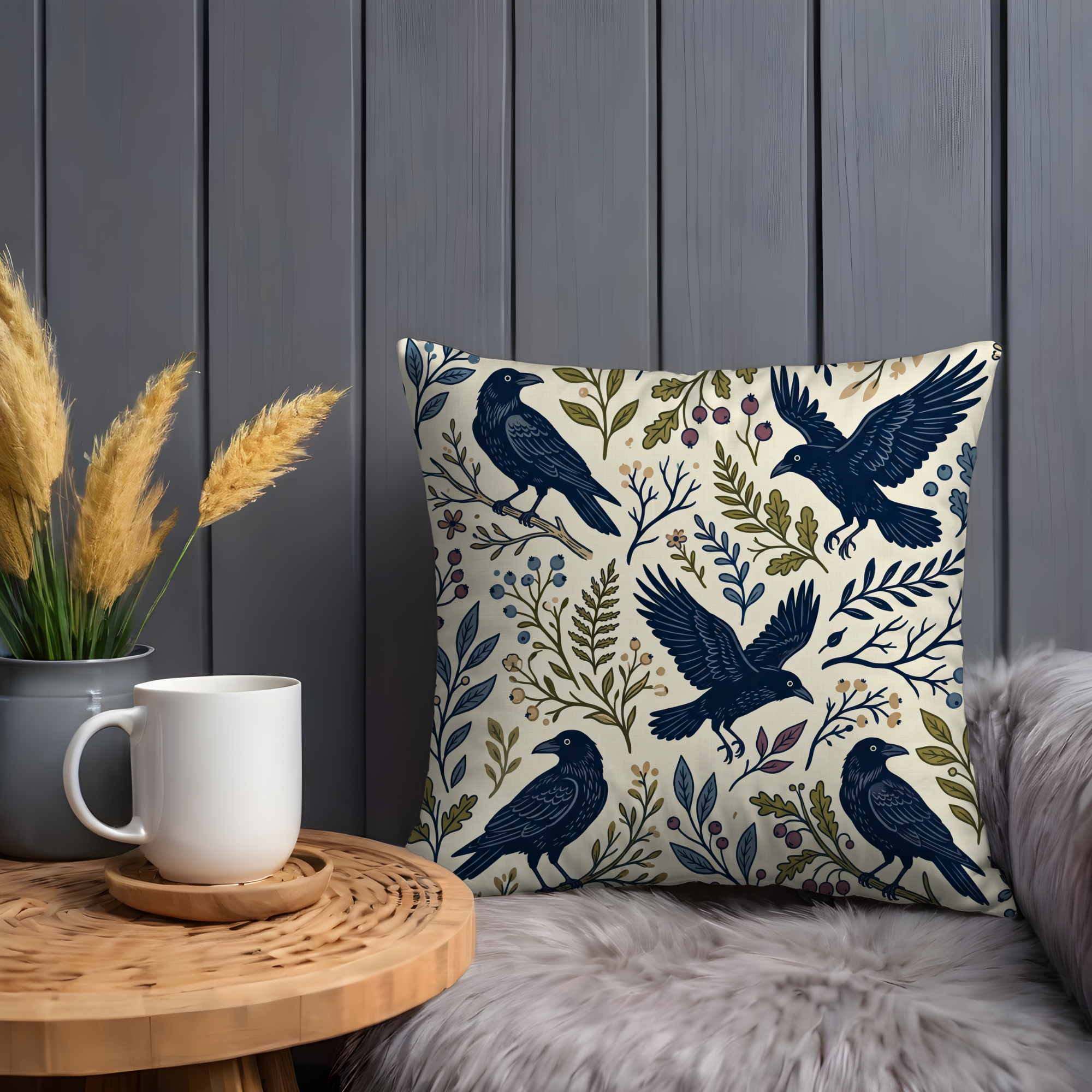 Raven Folk Art Pillow Case | Dark Blue Crow Throw Pillow Cover | Woodland Decor