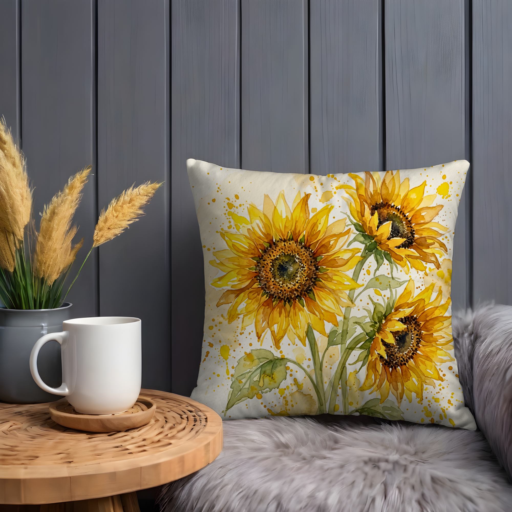 Golden Sunflower Pillow Case | Yellow Watercolor Floral Throw Pillow Cover | Garden Decor