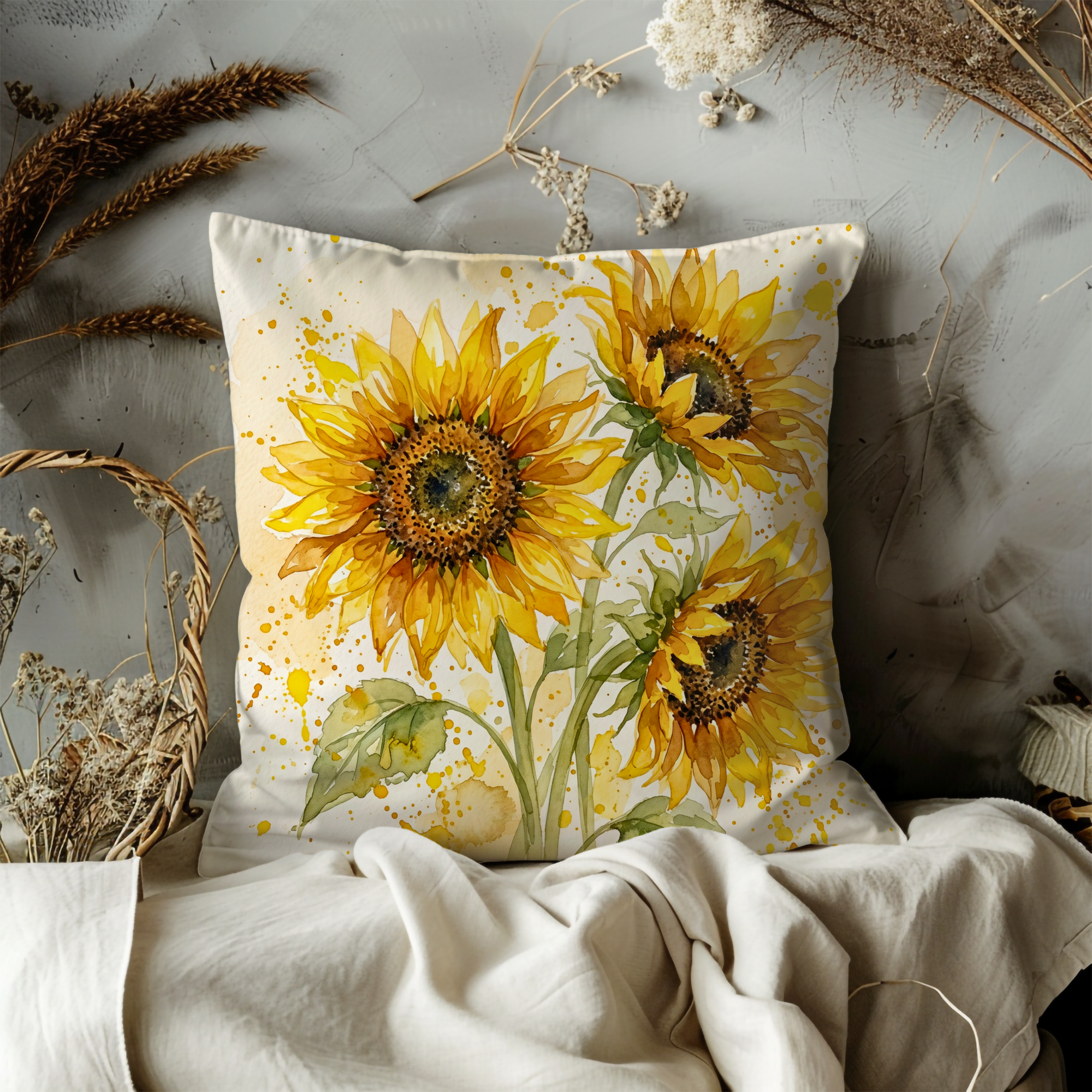 Golden Sunflower Pillow Case | Yellow Watercolor Floral Throw Pillow Cover | Garden Decor