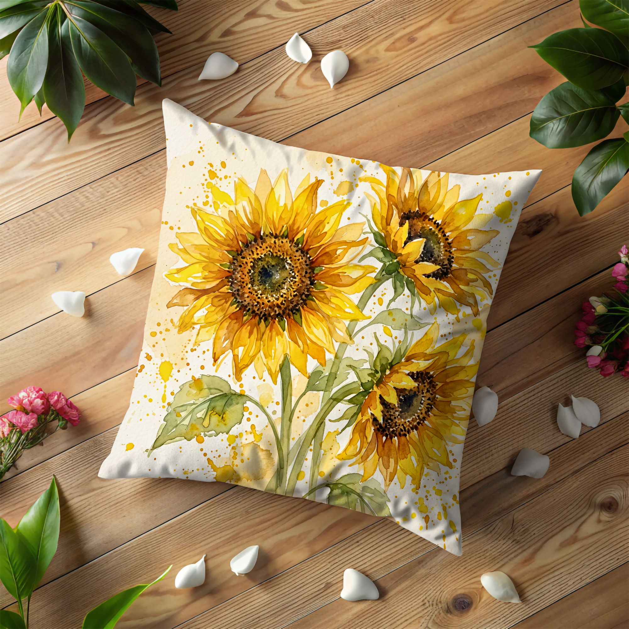 Golden Sunflower Pillow Case | Yellow Watercolor Floral Throw Pillow Cover | Garden Decor