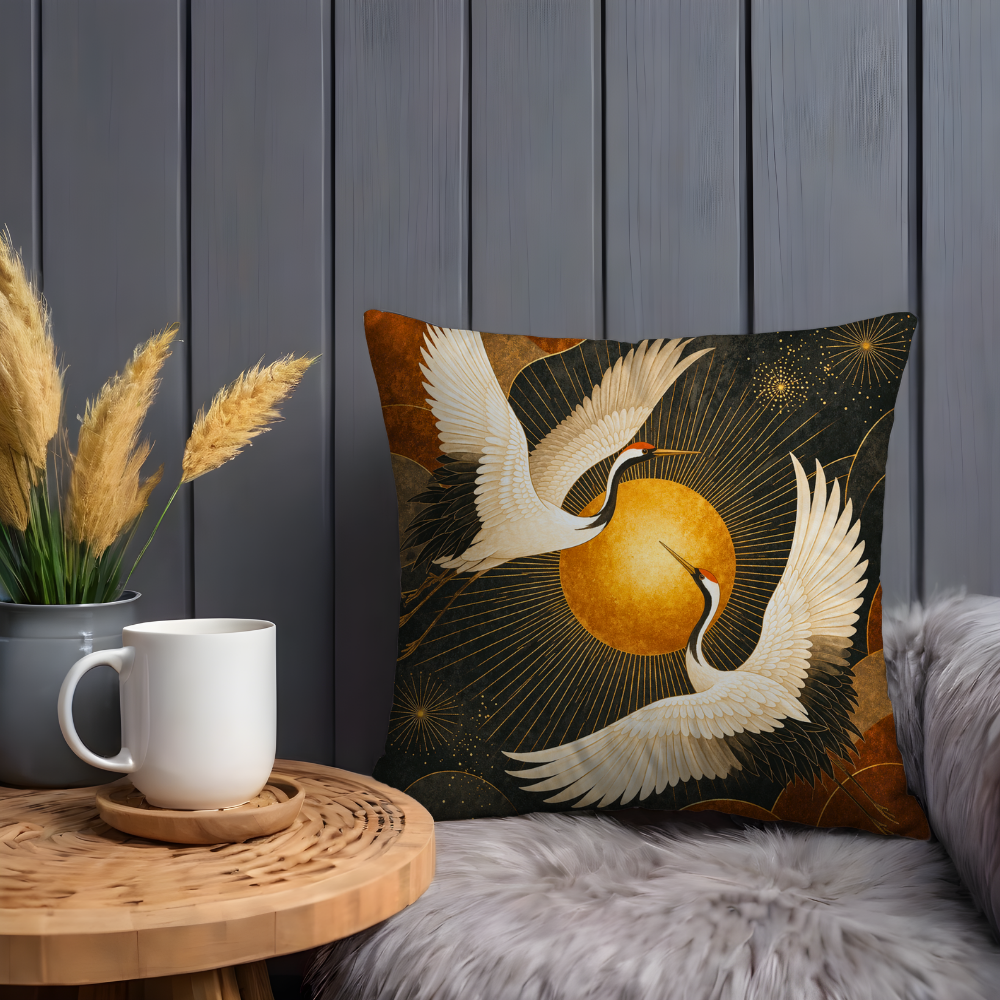 Japanese Crane Pillow Case | Golden Sun Flying Cranes Throw Pillow Cover | Asian Traditional Decor