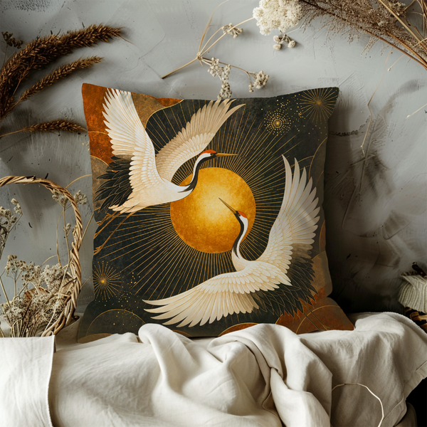 Japanese Crane Pillow Cover – Golden Sun Flying Cranes  Cover | Asian Traditional Decor