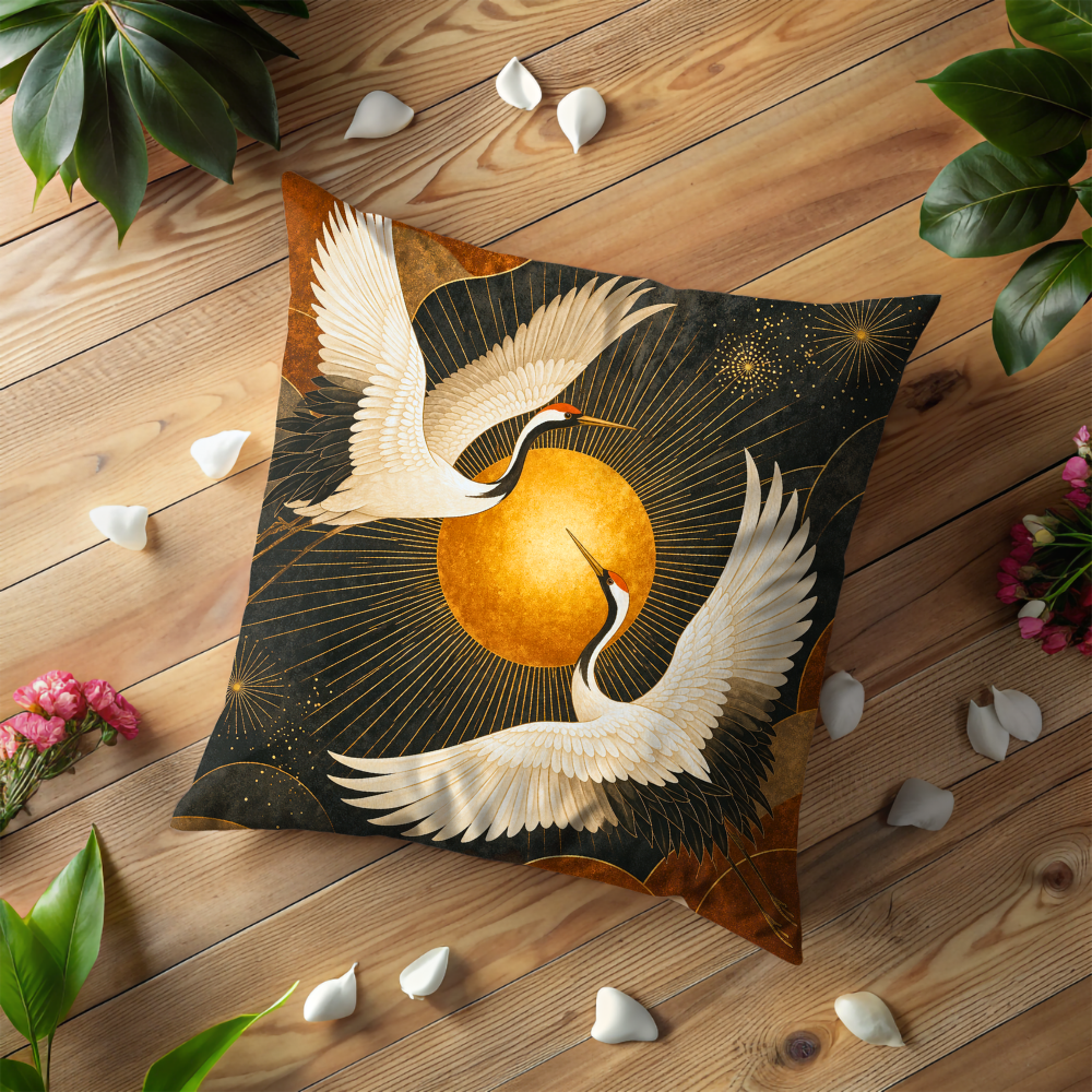 Japanese Crane Pillow Case | Golden Sun Flying Cranes Throw Pillow Cover | Asian Traditional Decor