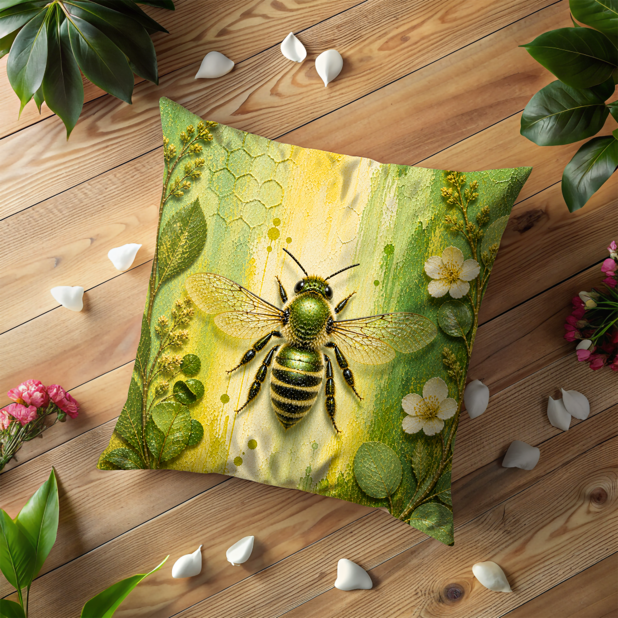 Bold Metallic Green Bee Pillow Case | Iridescent Green Bee Throw Pillow Cover | Textured Green Floral Nature Home Decor