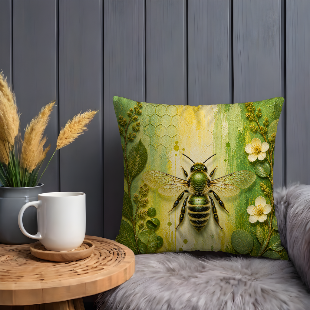 Bold Metallic Green Bee Pillow Case | Iridescent Green Bee Throw Pillow Cover | Textured Green Floral Nature Home Decor