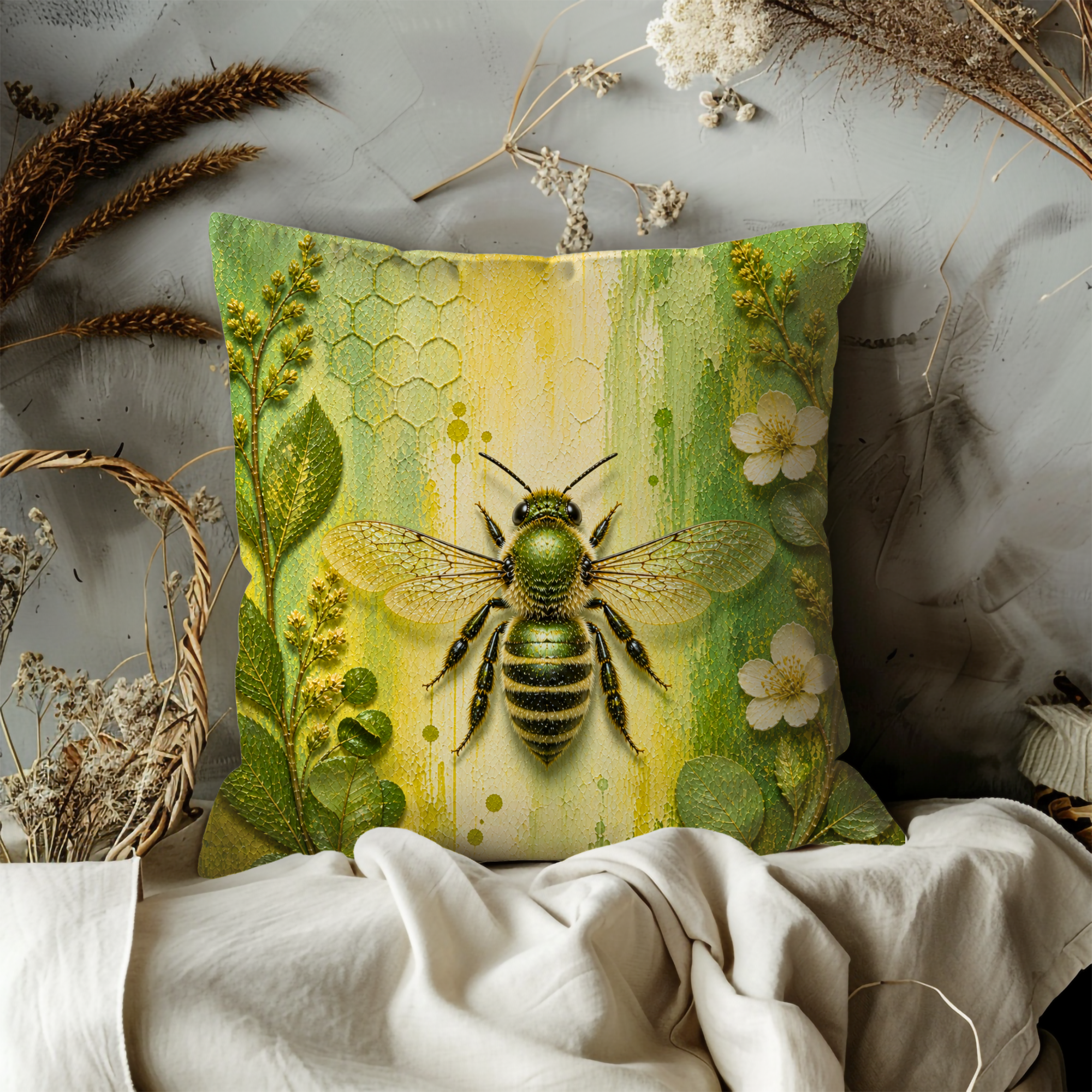 Bold Metallic Green Bee Pillow Case | Iridescent Green Bee Throw Pillow Cover | Textured Green Floral Nature Home Decor