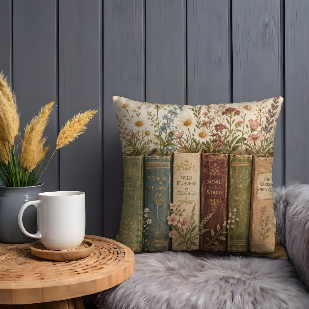 Vintage Books Wildflower Pillow Case | Cottagecore Floral Bookshelf Throw Pillow Cover | Shabby Chic Decor