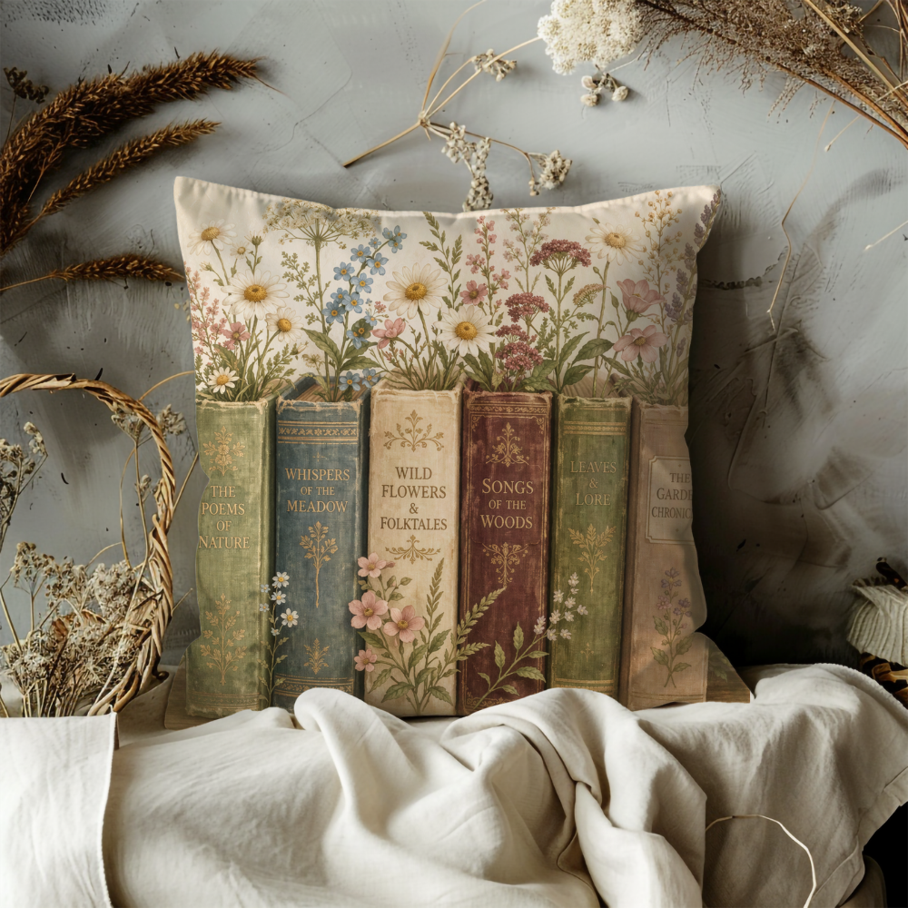 Vintage Books Wildflower Pillow Case | Cottagecore Floral Bookshelf Throw Pillow Cover | Shabby Chic Decor