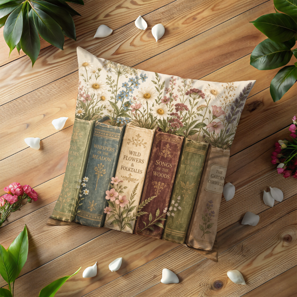 Vintage Books Wildflower Pillow Case | Cottagecore Floral Bookshelf Throw Pillow Cover | Shabby Chic Decor