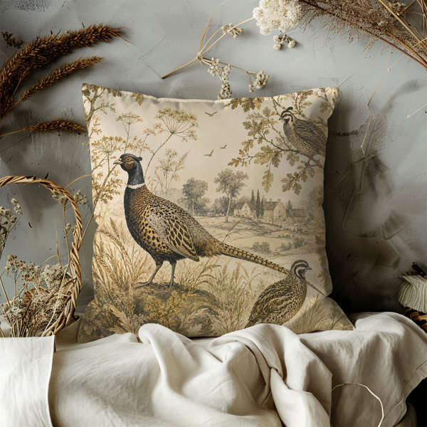 Pheasant Pillow Cover – Vintage Hunting Toile  Cover | Country Cottage Decor
