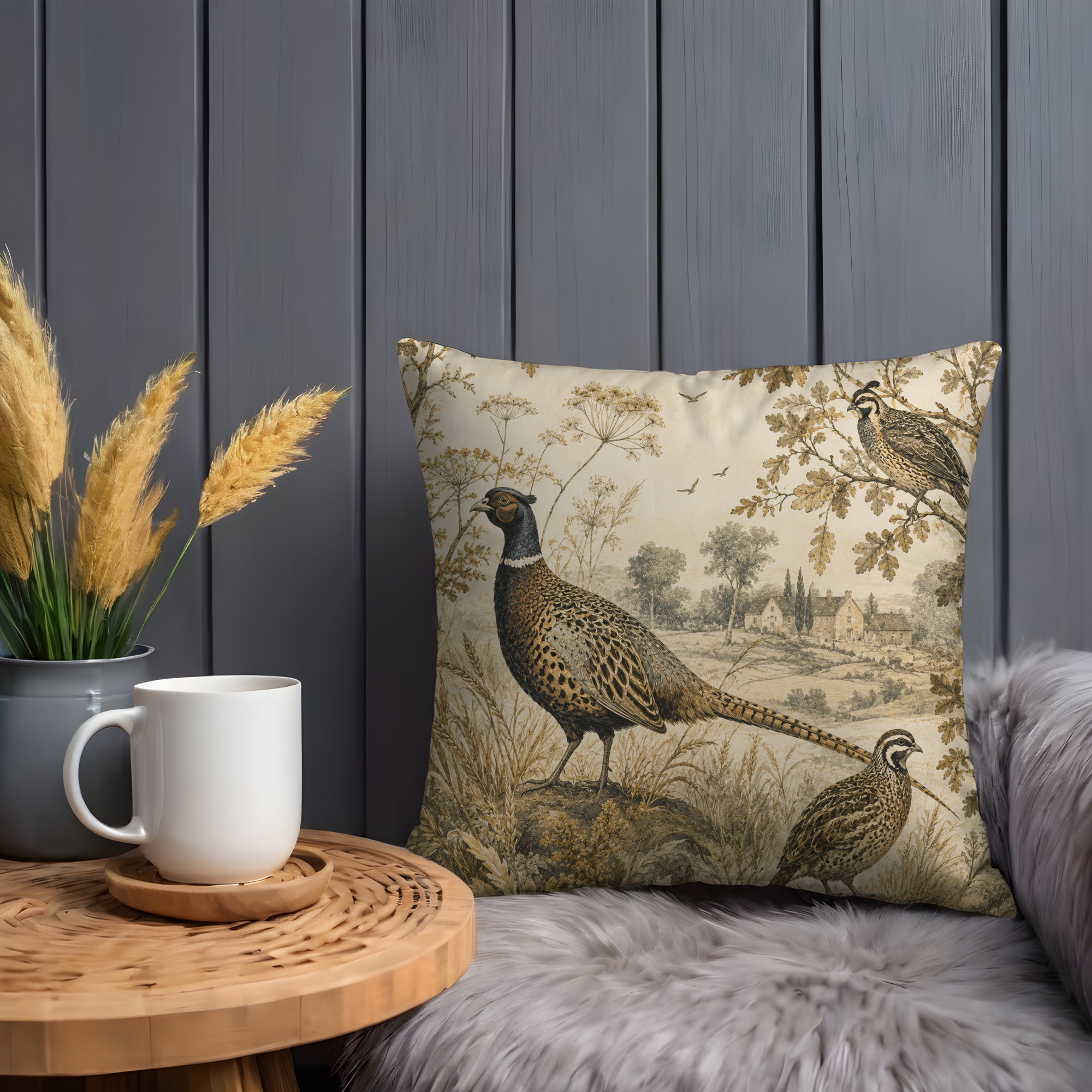 Pheasant Pillow Case | Vintage Hunting Toile Throw Pillow Cover | Country Cottage Decor