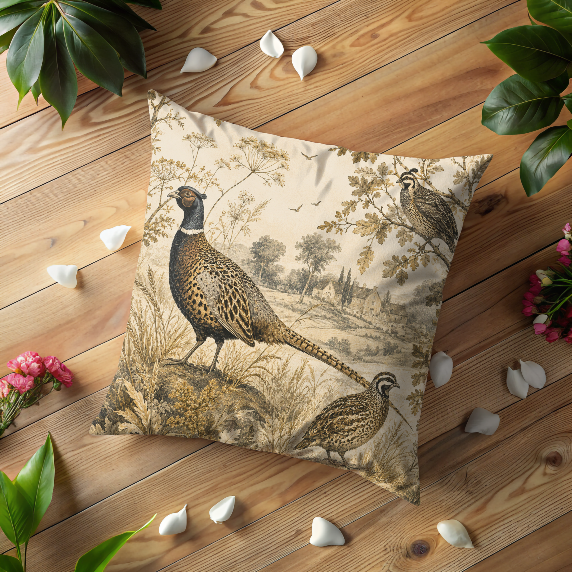 Pheasant Pillow Case | Vintage Hunting Toile Throw Pillow Cover | Country Cottage Decor