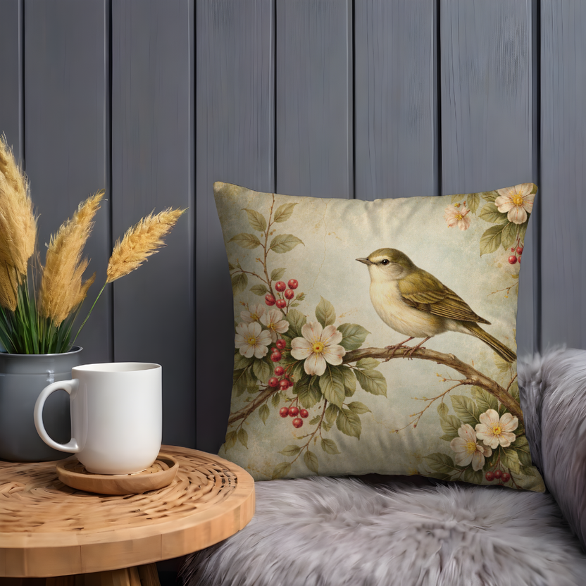 Vintage Songbird Pillow Cover – Botanical Blossom Decor | Soft Watercolor Bird Art | Nature Lover Gift | Shabby