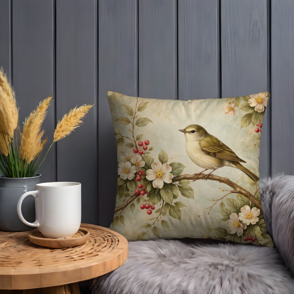 Vintage Songbird Pillow Case, Botanical Blossom Decor, Soft Watercolor Bird Cushion, Nature Lover Gift, Shabby Chic Garden Art