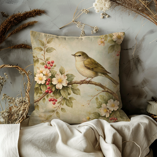 Vintage Songbird Pillow Cover – Botanical Blossom Decor | Soft Watercolor Bird Art | Nature Lover Gift | Shabby