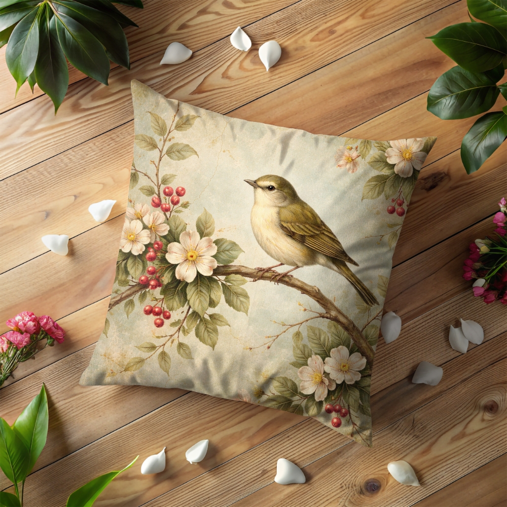 Vintage Songbird Pillow Case, Botanical Blossom Decor, Soft Watercolor Bird Cushion, Nature Lover Gift, Shabby Chic Garden Art