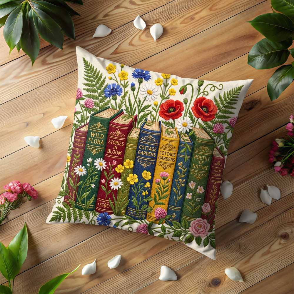 Book Lover Pillow Case, Dark Academia Library Decor, Wildflower Floral Bookshelf Cushion, Literary Gift