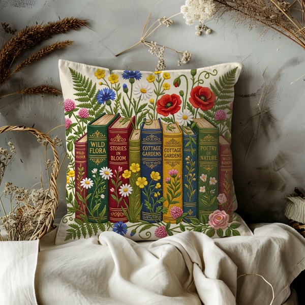 Book Lover Pillow Cover – Dark Academia Library Decor | Wildflower Floral Bookshelf | Literary Gift