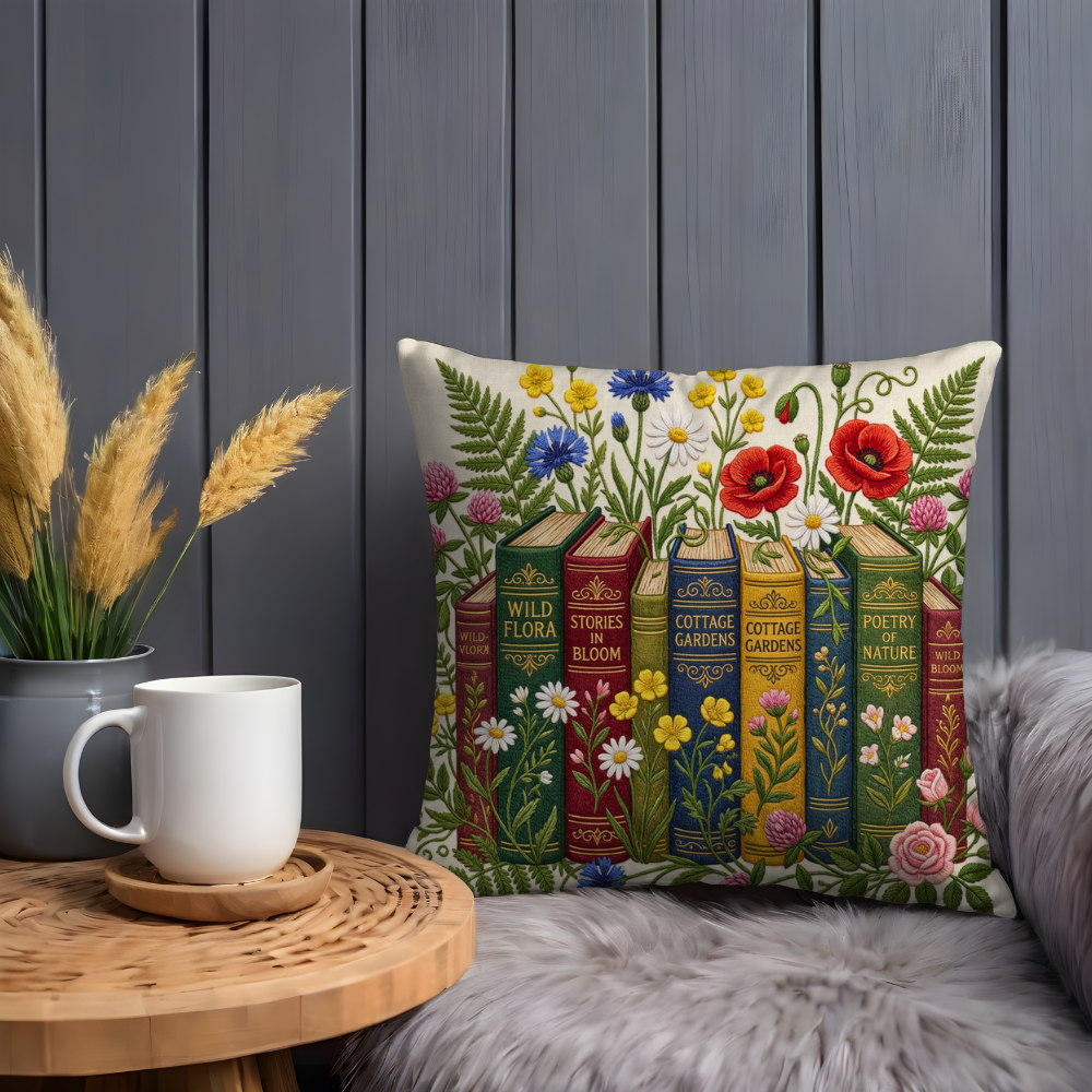 Book Lover Pillow Case, Dark Academia Library Decor, Wildflower Floral Bookshelf Cushion, Literary Gift