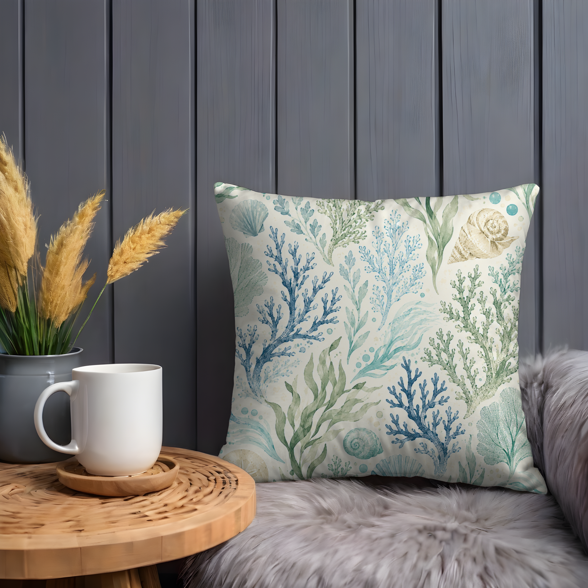 Coastal Pillow Case | Blue Green Seaweed Throw Pillow Cover | Beach Botanical Decor