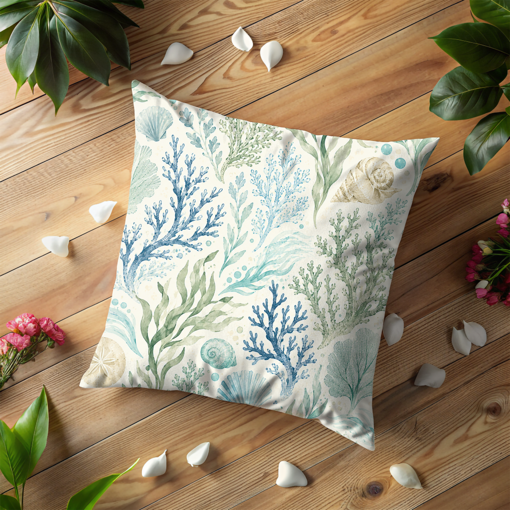 Coastal Pillow Case | Blue Green Seaweed Throw Pillow Cover | Beach Botanical Decor