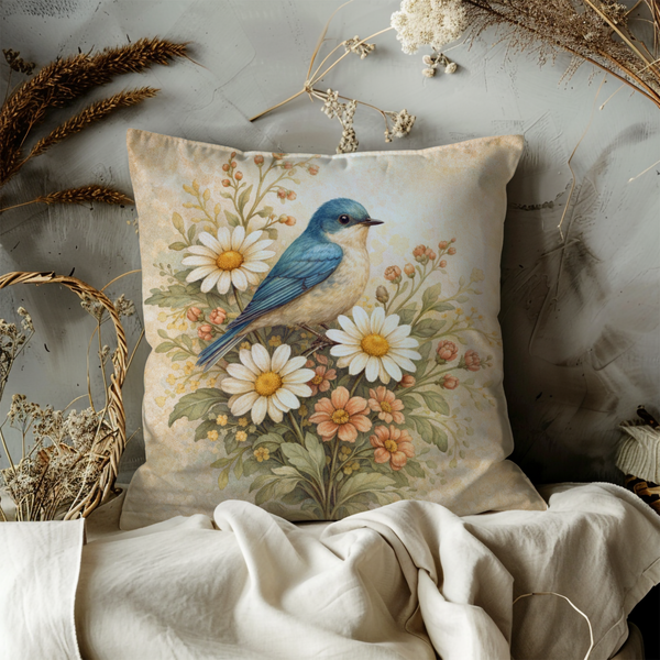 Bluebird Pillow Cover – Vintage Daisy Floral Art | Cottagecore Decor