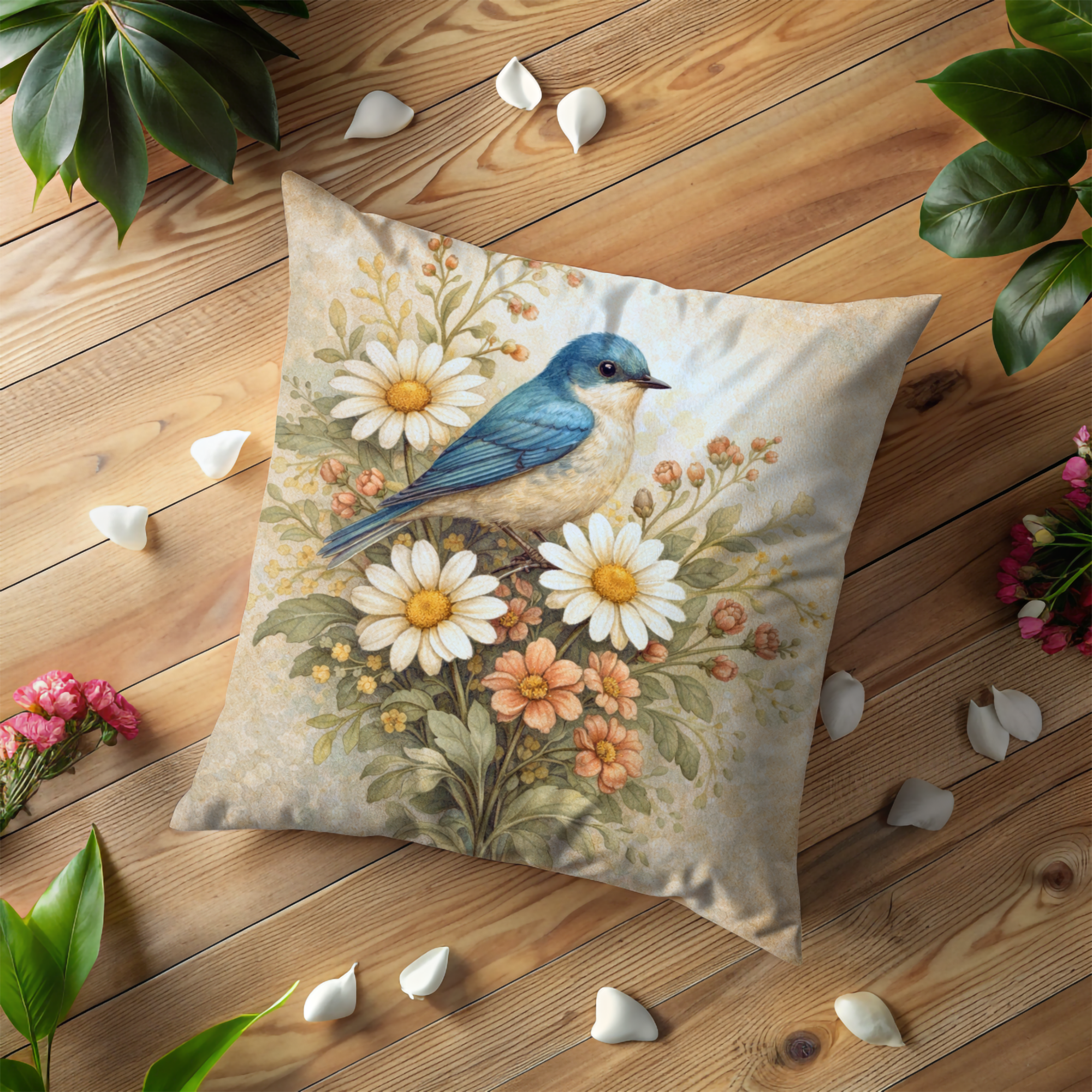 Bluebird Pillow Case | Vintage Daisy Floral Throw Pillow Cover | Cottagecore Decor