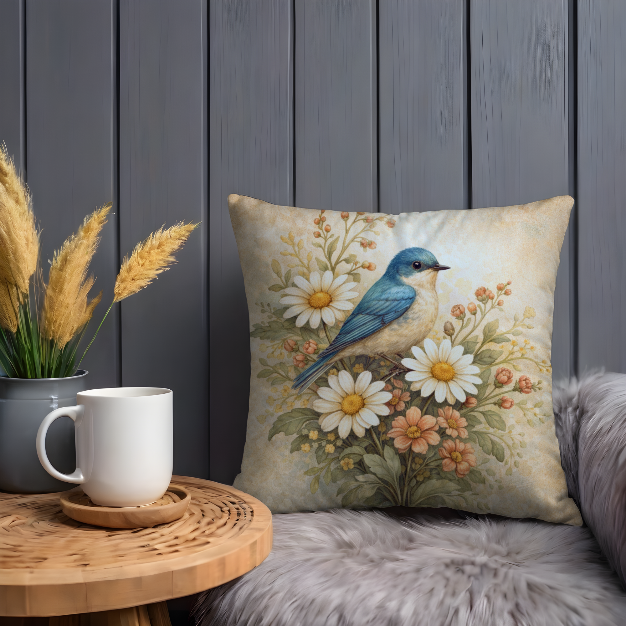 Bluebird Pillow Case | Vintage Daisy Floral Throw Pillow Cover | Cottagecore Decor