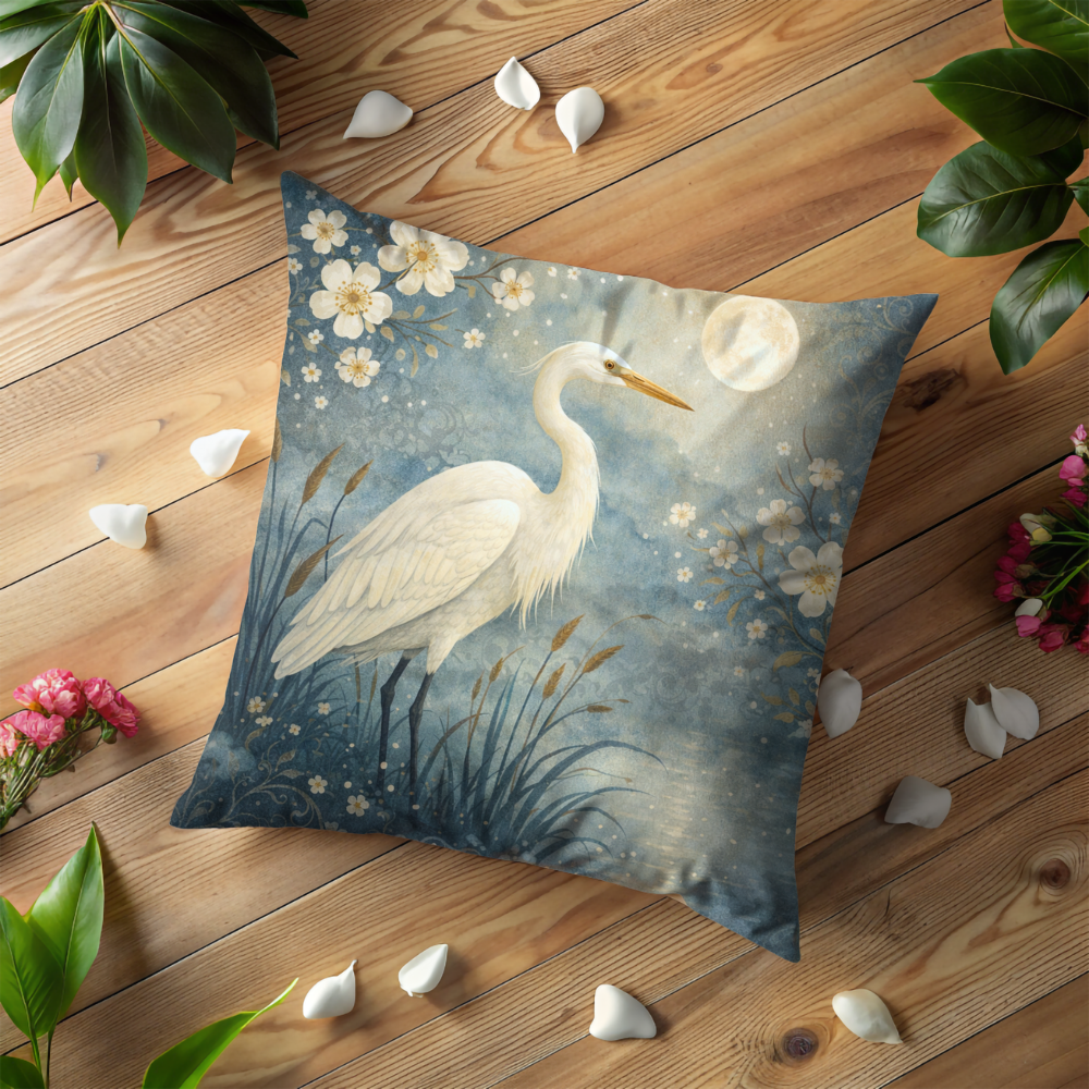 White Egret Pillow Case | Moonlit Heron Floral Throw Pillow Cover | Serene Asian Decor