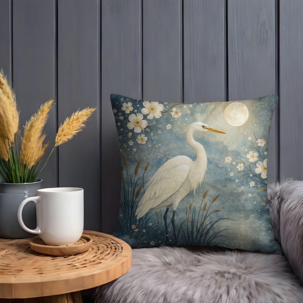 White Egret Pillow Case | Moonlit Heron Floral Throw Pillow Cover | Serene Asian Decor