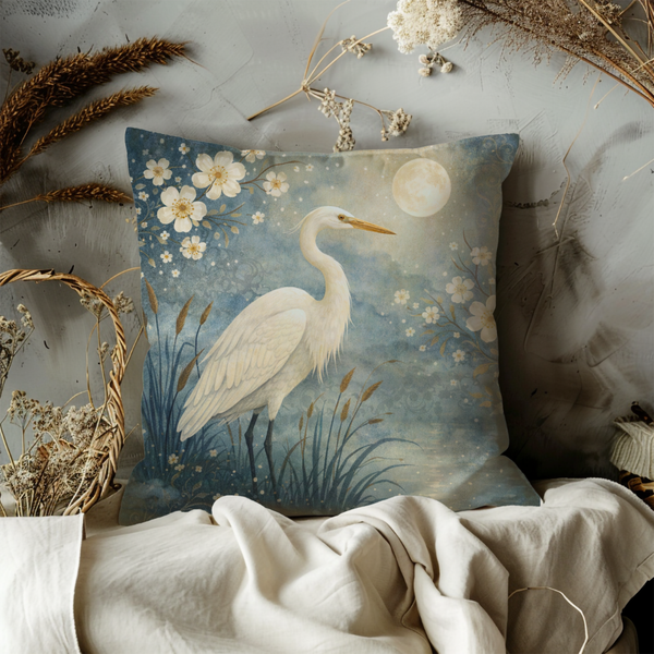 White Egret Pillow Cover – Moonlit Heron Floral  Cover | Serene Asian Decor