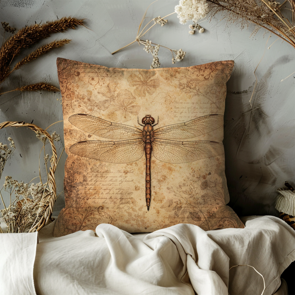 Vintage Dragonfly Parchment Pillow Cover – Home Decor