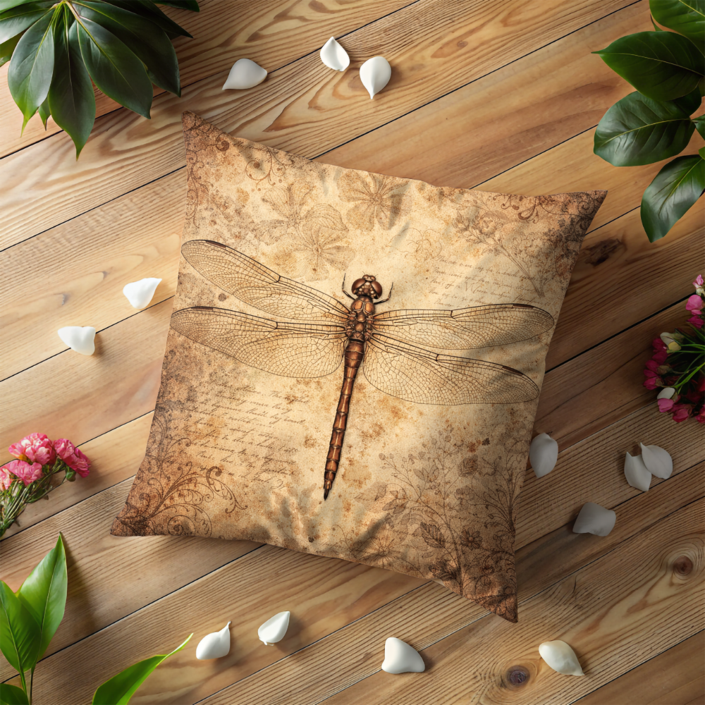 Vintage Dragonfly Parchment Pillow Case, Antique Botanical Script Decor, Sepia Insect Art Cushion, Nature Lover Gift, Rustic Home Art Decor