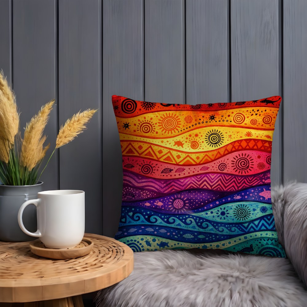 Rainbow Tribal Folk Art Pillow Case, Colorful Wavy Psychedelic Decor, Boho Hippie Sun Spiral Cushion, Vibrant Mandala Style Home Art Gift