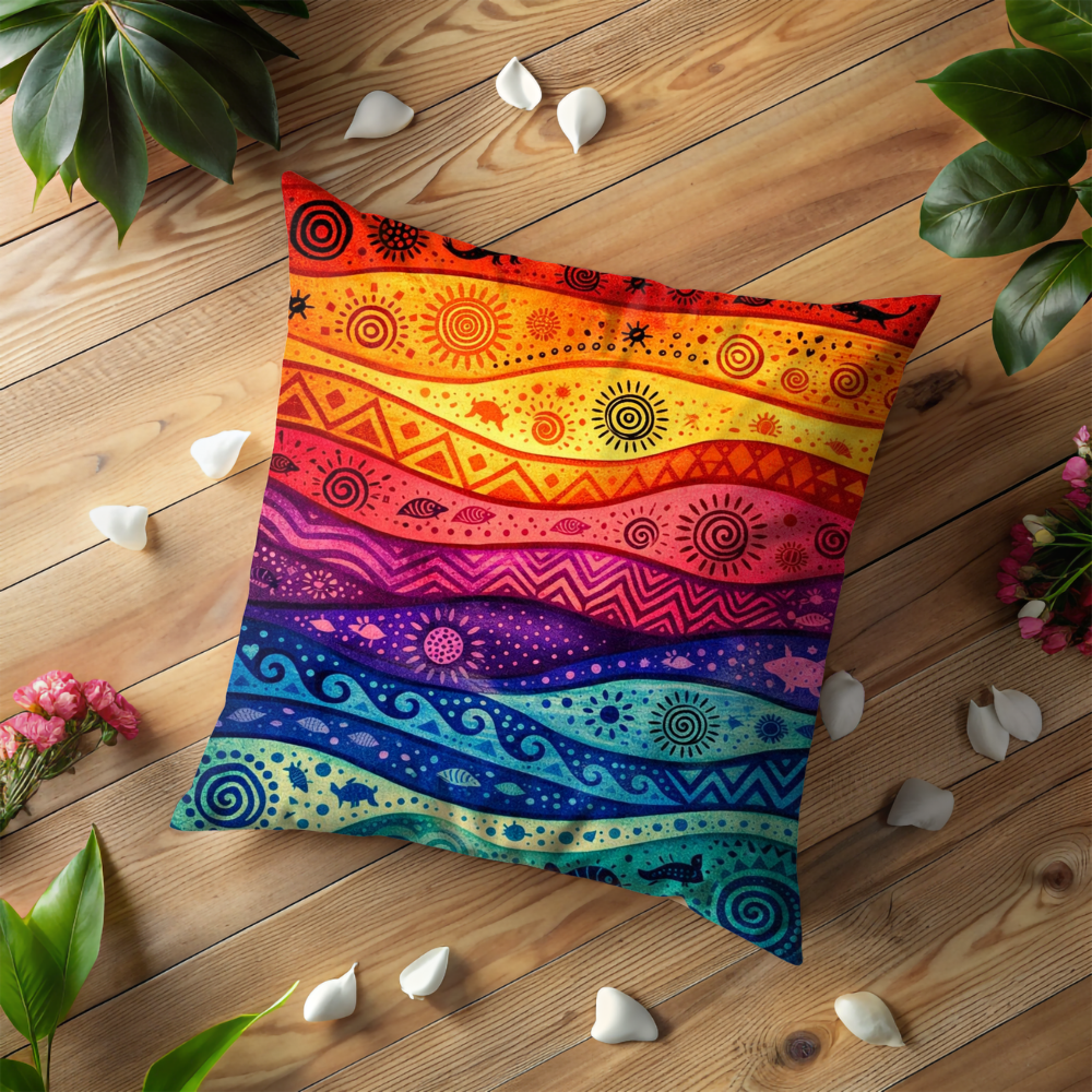 Rainbow Tribal Folk Art Pillow Case, Colorful Wavy Psychedelic Decor, Boho Hippie Sun Spiral Cushion, Vibrant Mandala Style Home Art Gift