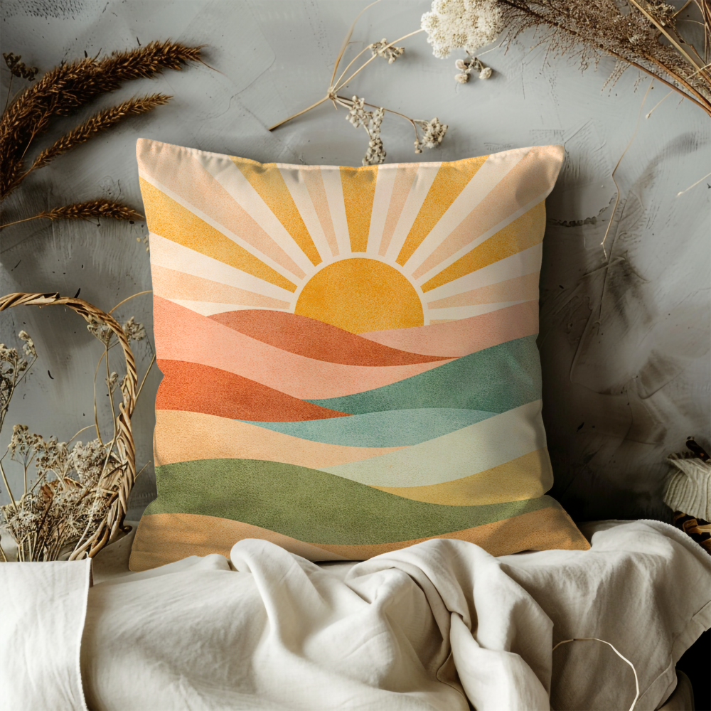 Boho Sunrise Pillow Case | Abstract Sun Landscape Throw Pillow Cover | Warm Earth Tone Decor