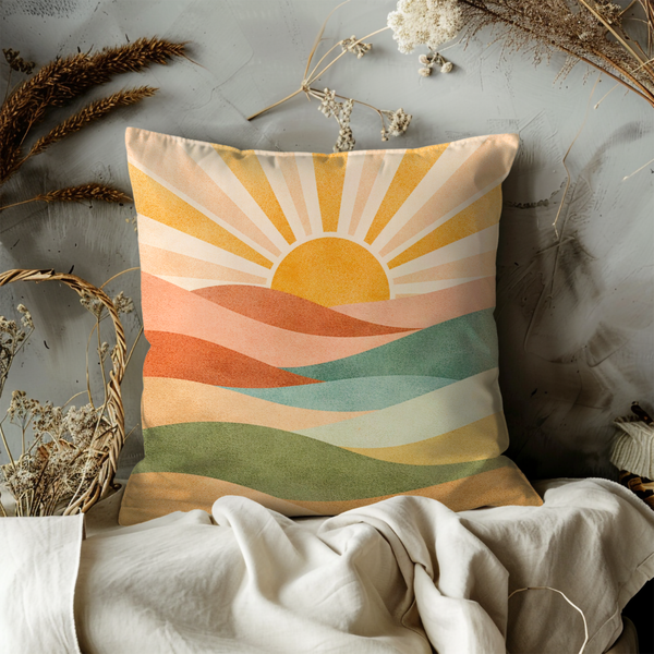 Boho Sunrise Pillow Cover – Abstract Sun Landscape  Cover | Warm Earth Tone Decor