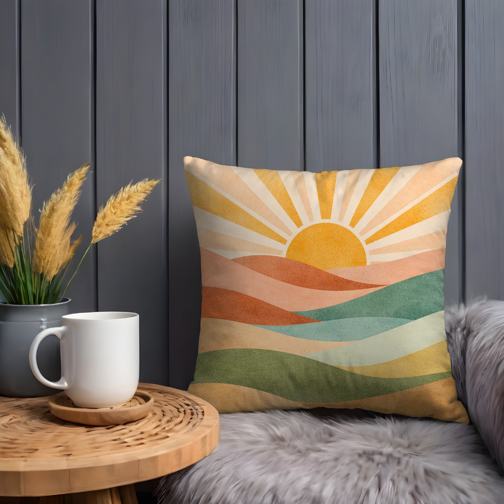 Boho Sunrise Pillow Case | Abstract Sun Landscape Throw Pillow Cover | Warm Earth Tone Decor