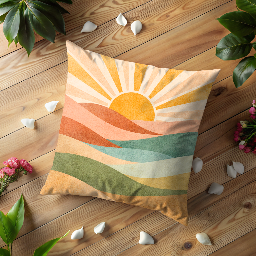 Boho Sunrise Pillow Case | Abstract Sun Landscape Throw Pillow Cover | Warm Earth Tone Decor