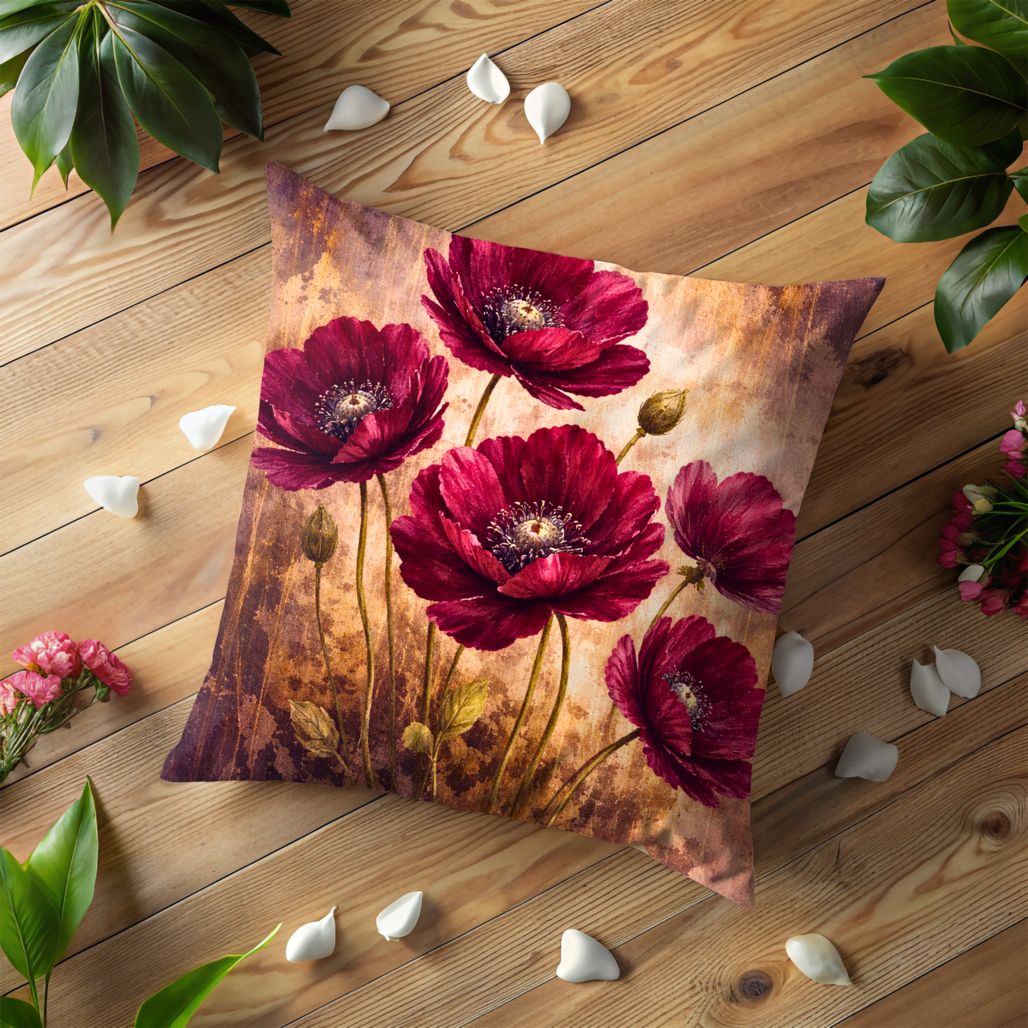Burgundy Poppy Pillow Case | Vintage Textured Red Floral Throw Pillow Cover | Moody Decor