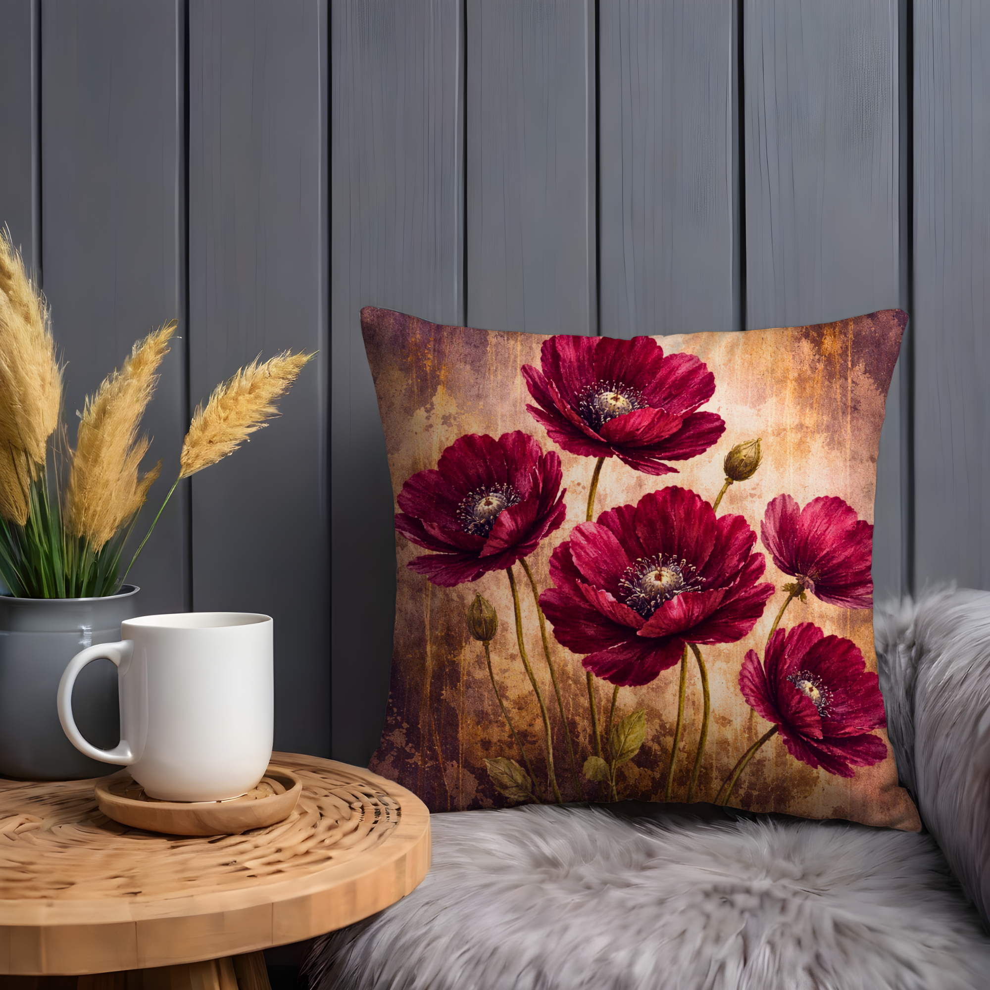 Burgundy Poppy Pillow Case | Vintage Textured Red Floral Throw Pillow Cover | Moody Decor