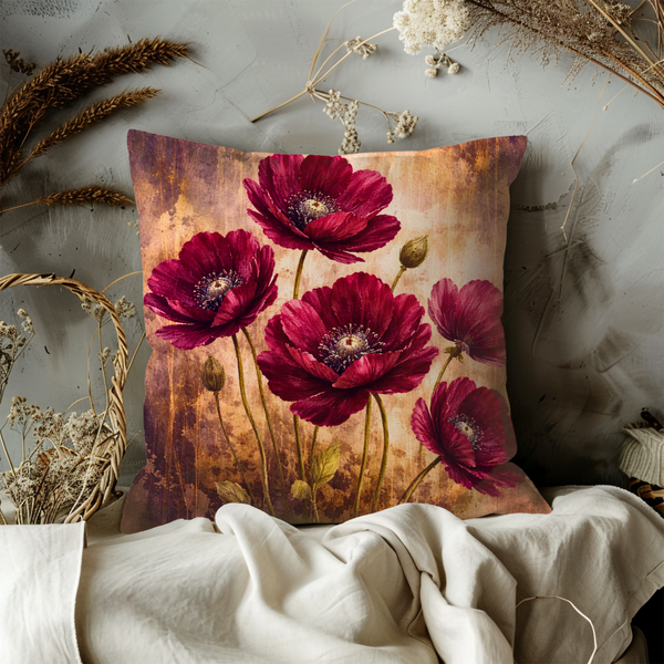 Burgundy Poppy Pillow Cover – Vintage Textured Red Floral  Cover | Moody Decor