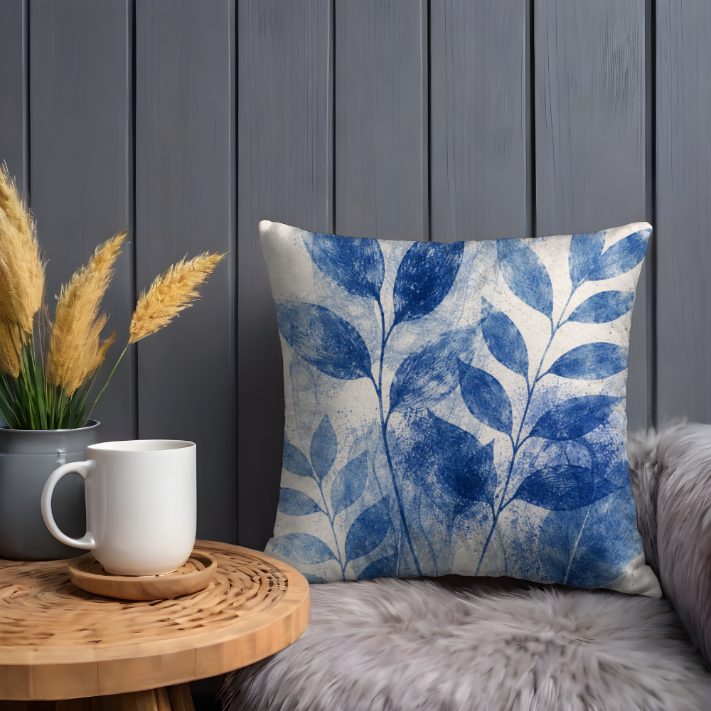 Watercolor Blue Leaf Pillow Case, Coastal Botanical Decor, Navy Leaf Cushion, Beach House Gift, Modern Foliage Art