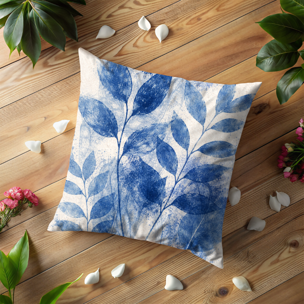 Watercolor Blue Leaf Pillow Case, Coastal Botanical Decor, Navy Leaf Cushion, Beach House Gift, Modern Foliage Art