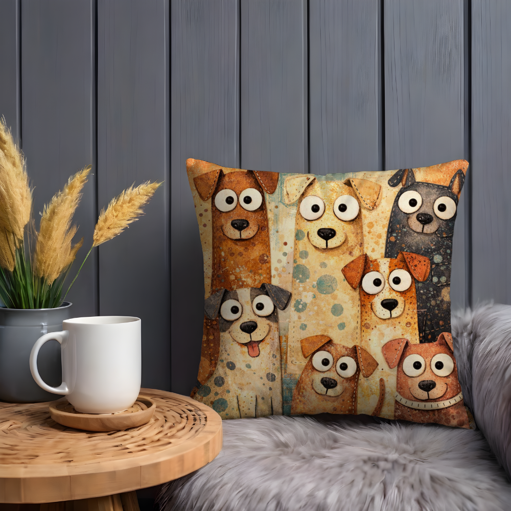 Cute Cartoon Dog Pillow Case | Whimsical Patchwork Puppy Throw Pillow Cover | Folk Art Animal Decor